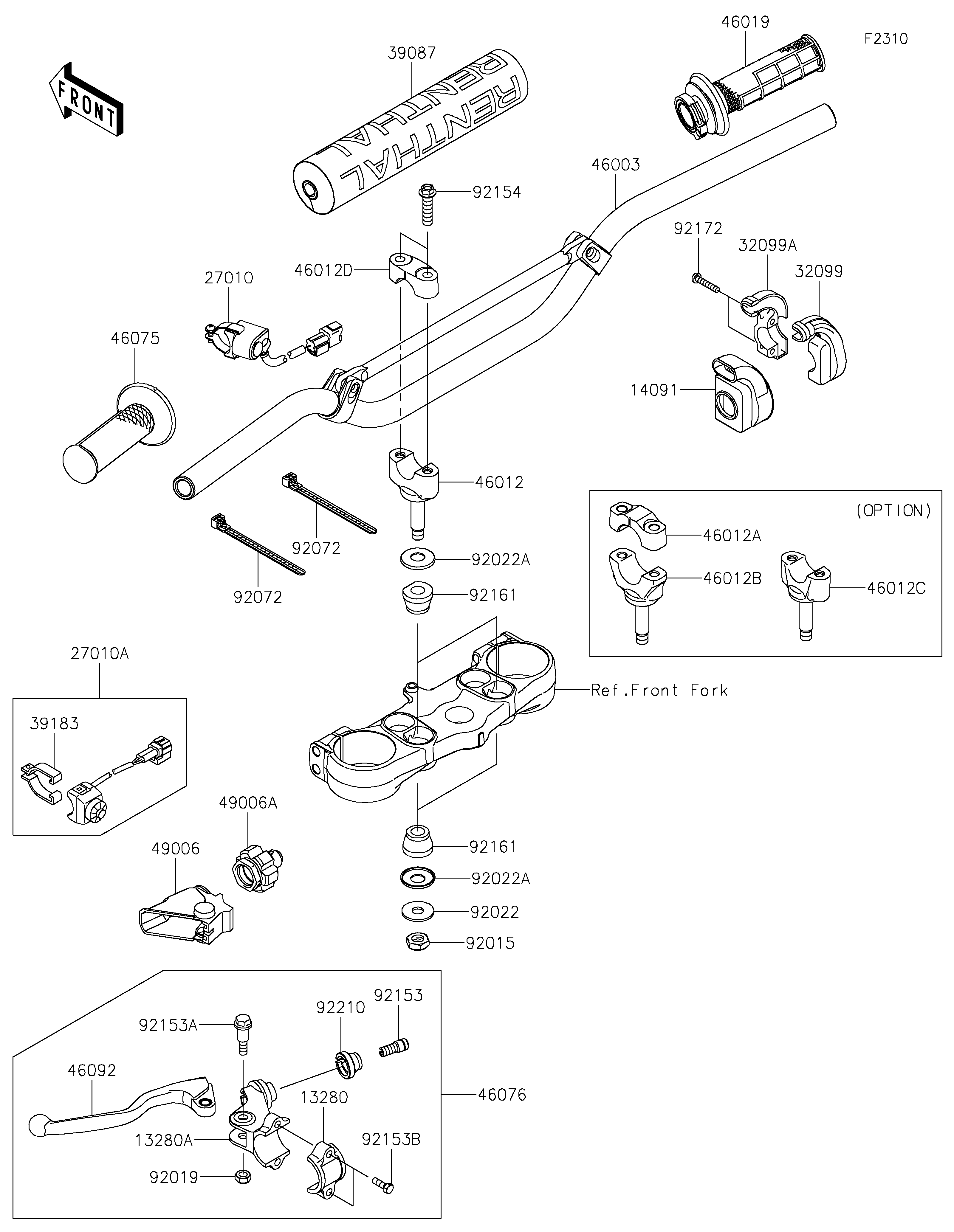GUIDON POUR KX250 KX252BLF VERT 2020 EUROPE
