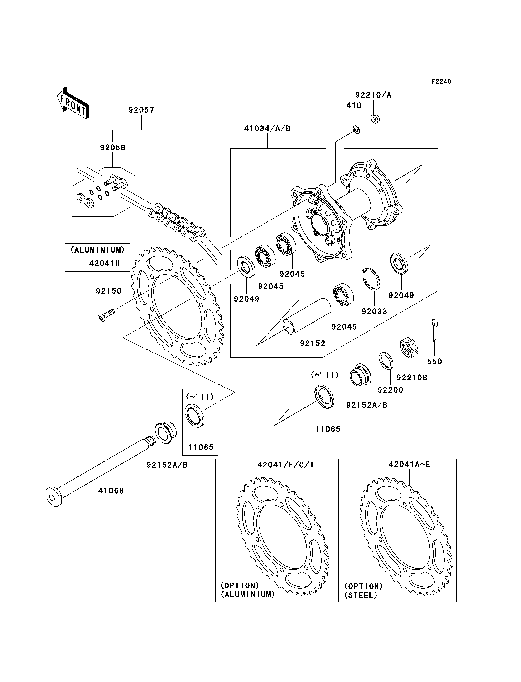 MOYEU ARRIERE POUR KLX450R KLX450A8F VERT 2008 EUROPE
